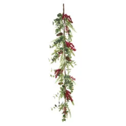 5' X 3" Green And Red Artificial Christmas Eucalyptus Berry Garland, Unlit