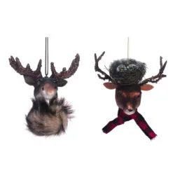 Set Of 2 Gray And Red Reindeer Christmas Ornaments 7"