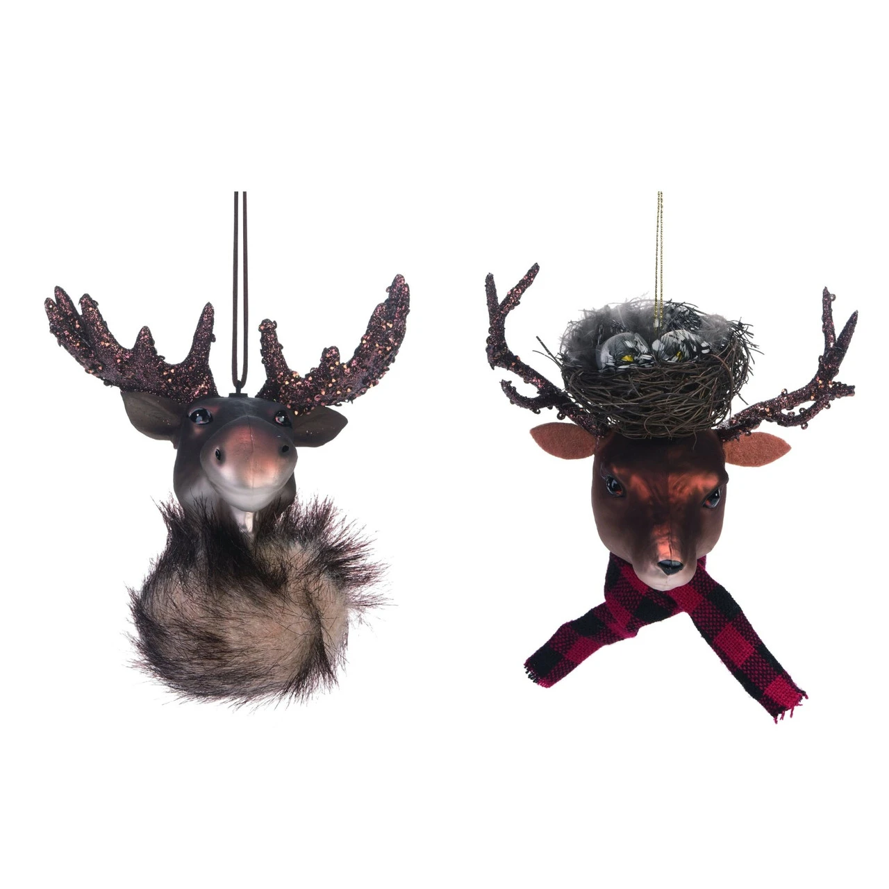 Set Of 2 Gray And Red Reindeer Christmas Ornaments 7"