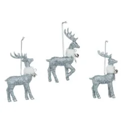 Set Of 3 Silver Shimmer Fur Collar Reindeer Christmas Ornaments 5"