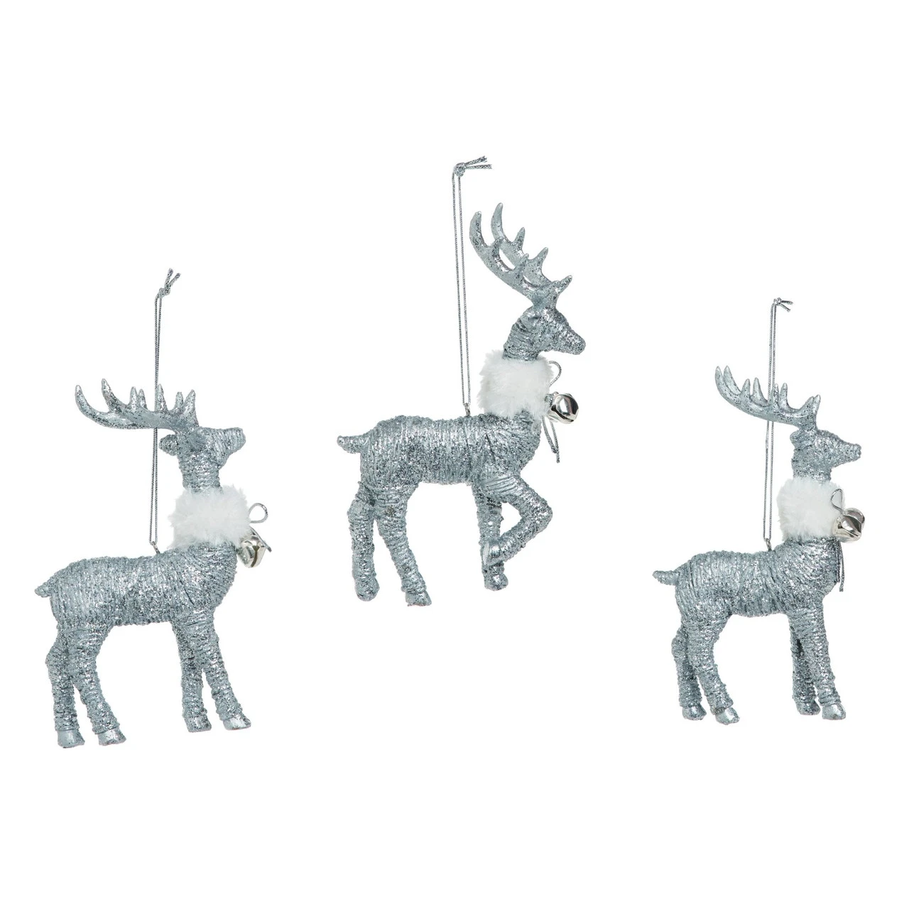 Set Of 3 Silver Shimmer Fur Collar Reindeer Christmas Ornaments 5"