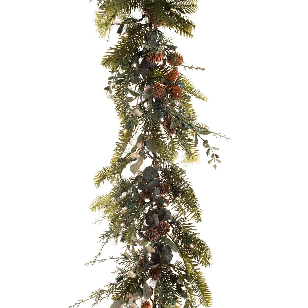 9' Battery Operated Green Rustic White Berry LED Artificial Christmas Garland - Warm Clear Lights