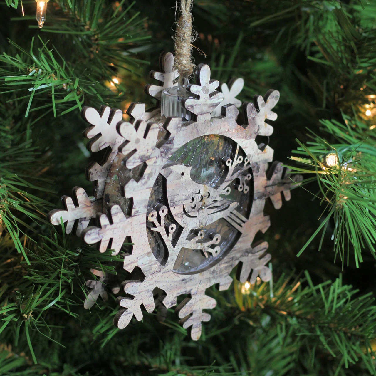 6" Brown And Gray Pre-Lit Snowflake With Bird Christmas Ornament - Image 3
