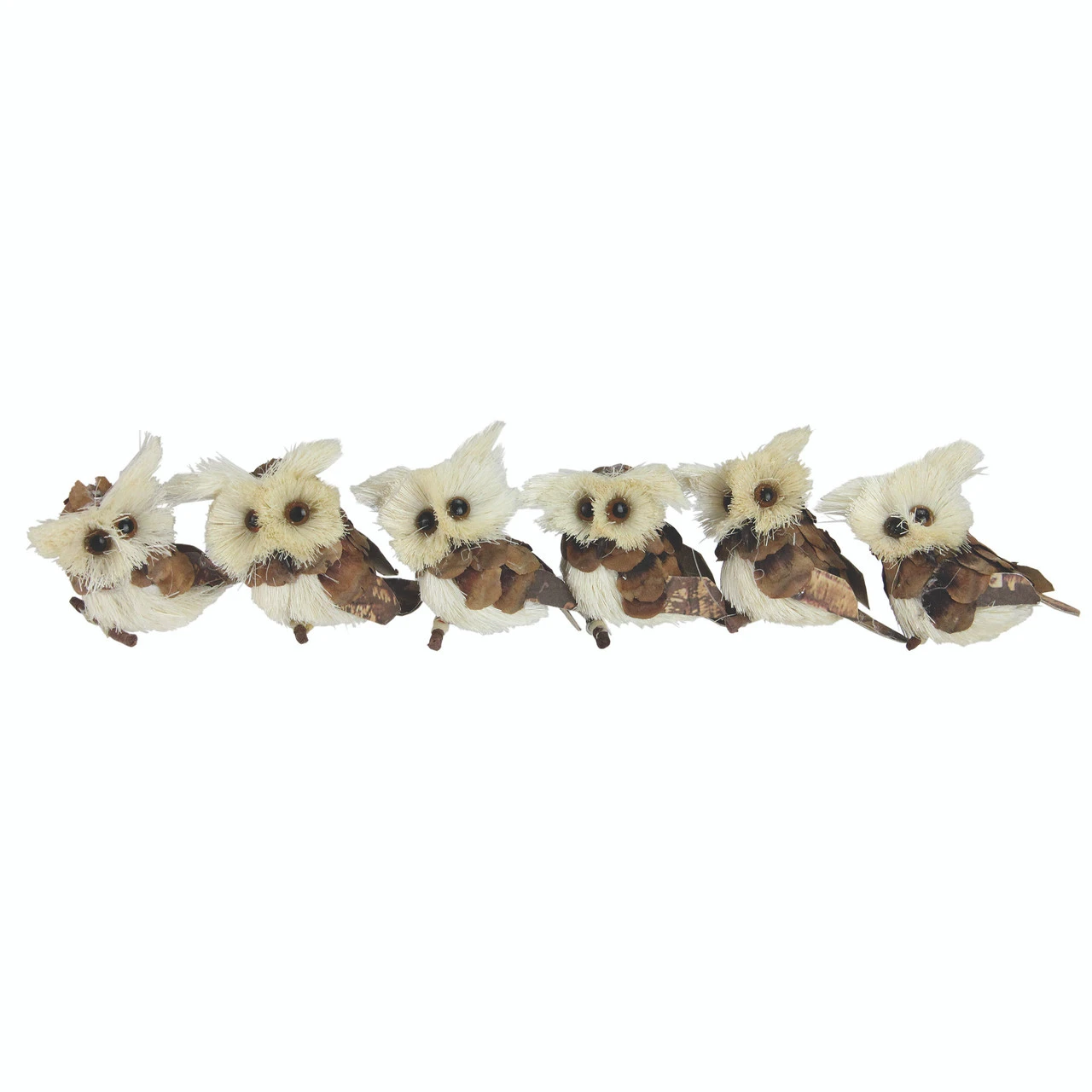 Set Of 6 Brown And Ivory Sisal Owls Christmas Ornaments, 2.25"