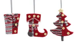 12 Red And Gray Knit-Look Gift Box, Stocking And Tree Christmas Ornaments 4.75"