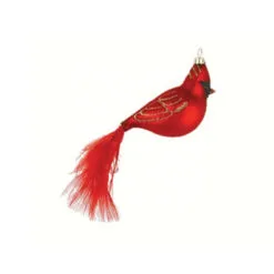 5.63" Red Cardinal Bird With Feather Tail Hand Blown Glass Hanging Figurine Ornament