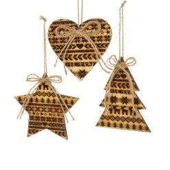 Club Pack Of 24 Wooden Brown Heart, Star And Tree Shaped Hanging Ornaments 4.33"
