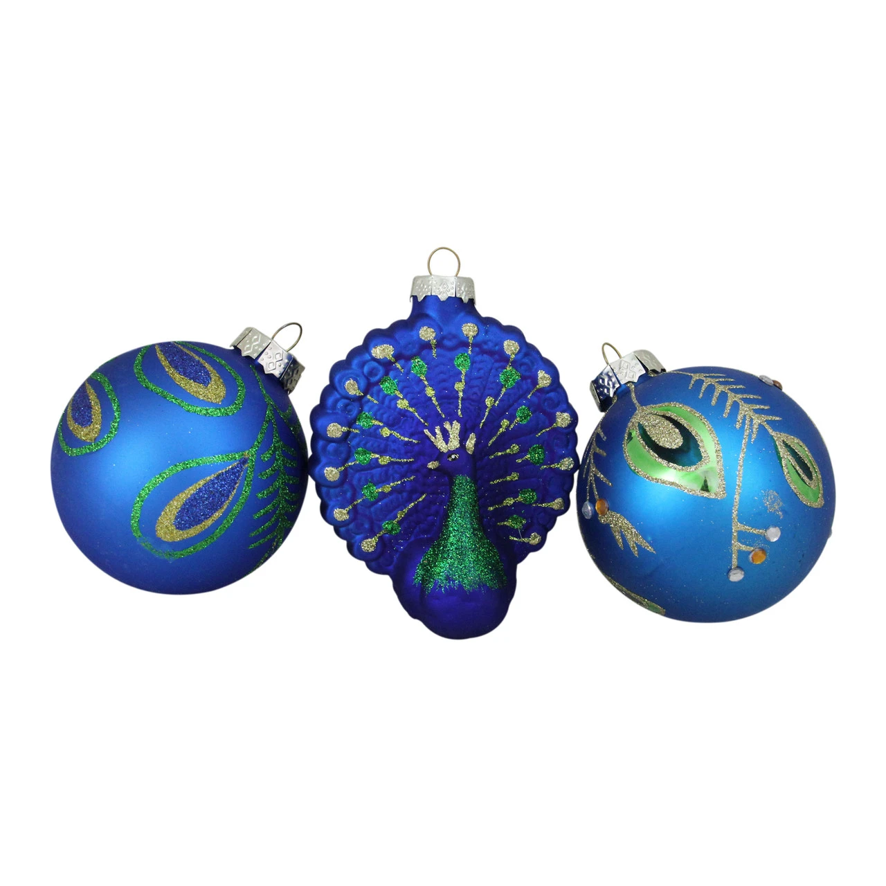 3ct Royal Blue And Green Peacock Glass Christmas Ornaments 3.75" (95mm)