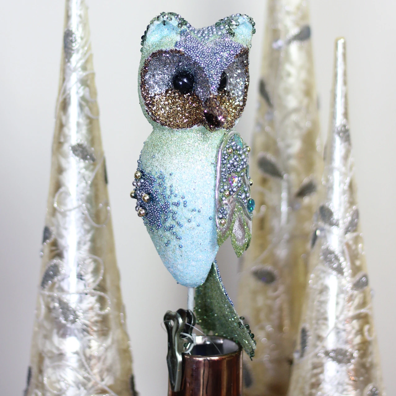 10" Green Glittered And Sequined Owl Clip On Christmas Ornament - Image 4