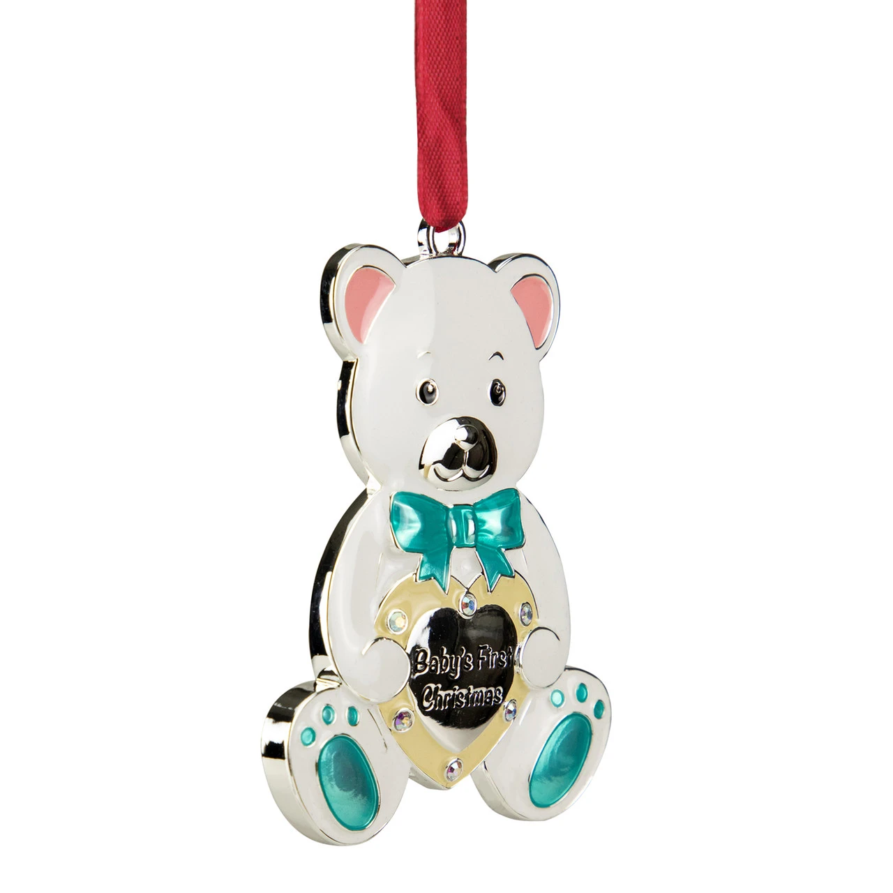 3" Pastel Silver Plated Bear Baby's First Christmas Ornament With European Crystals - Image 4