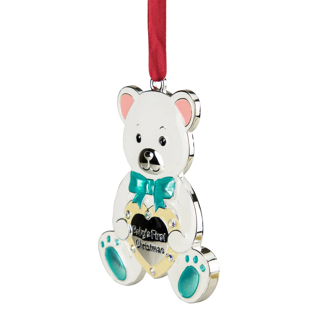 3" Pastel Silver Plated Bear Baby's First Christmas Ornament With European Crystals - Image 3