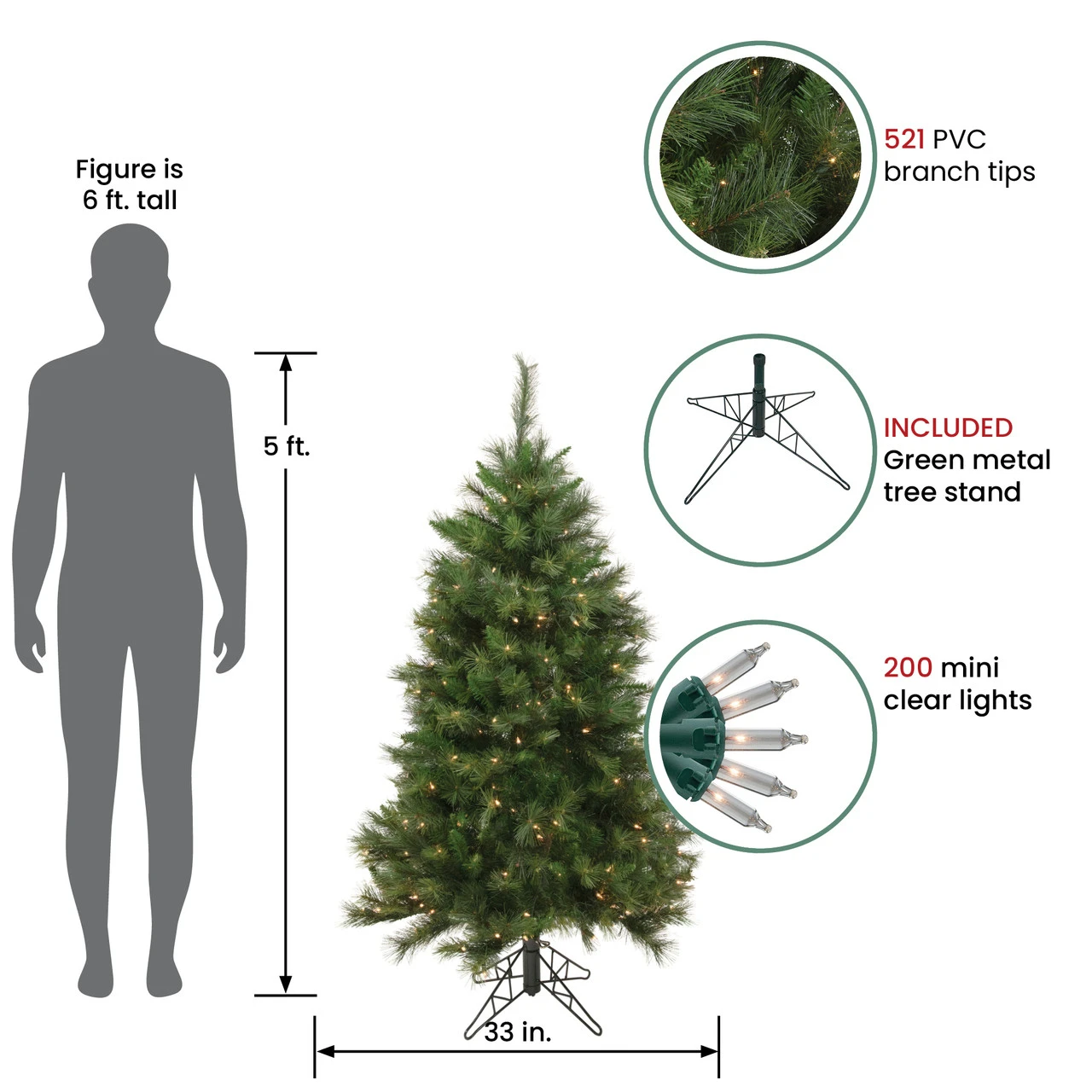 5' Pre-Lit Green Medium Canyon Pine Artificial Christmas Tree, Clear Lights - Image 2