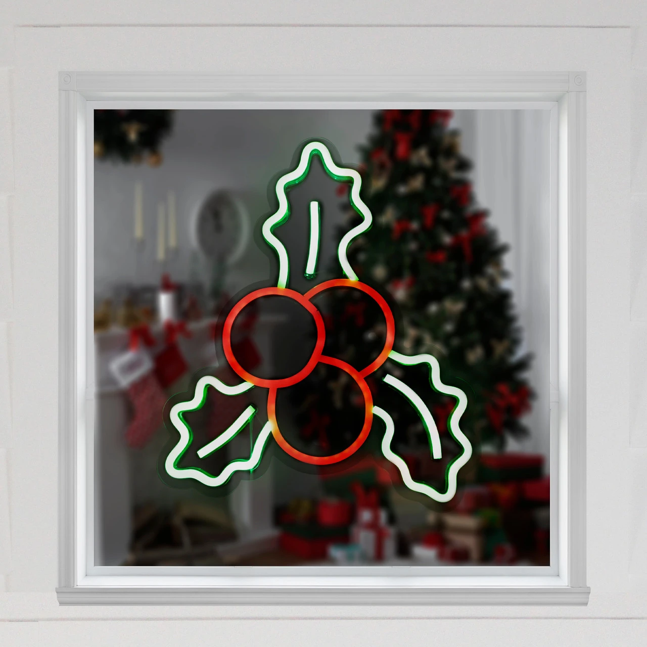 12" LED Lighted Neon Style Holly Berries Christmas Window Silhouette - Image 2
