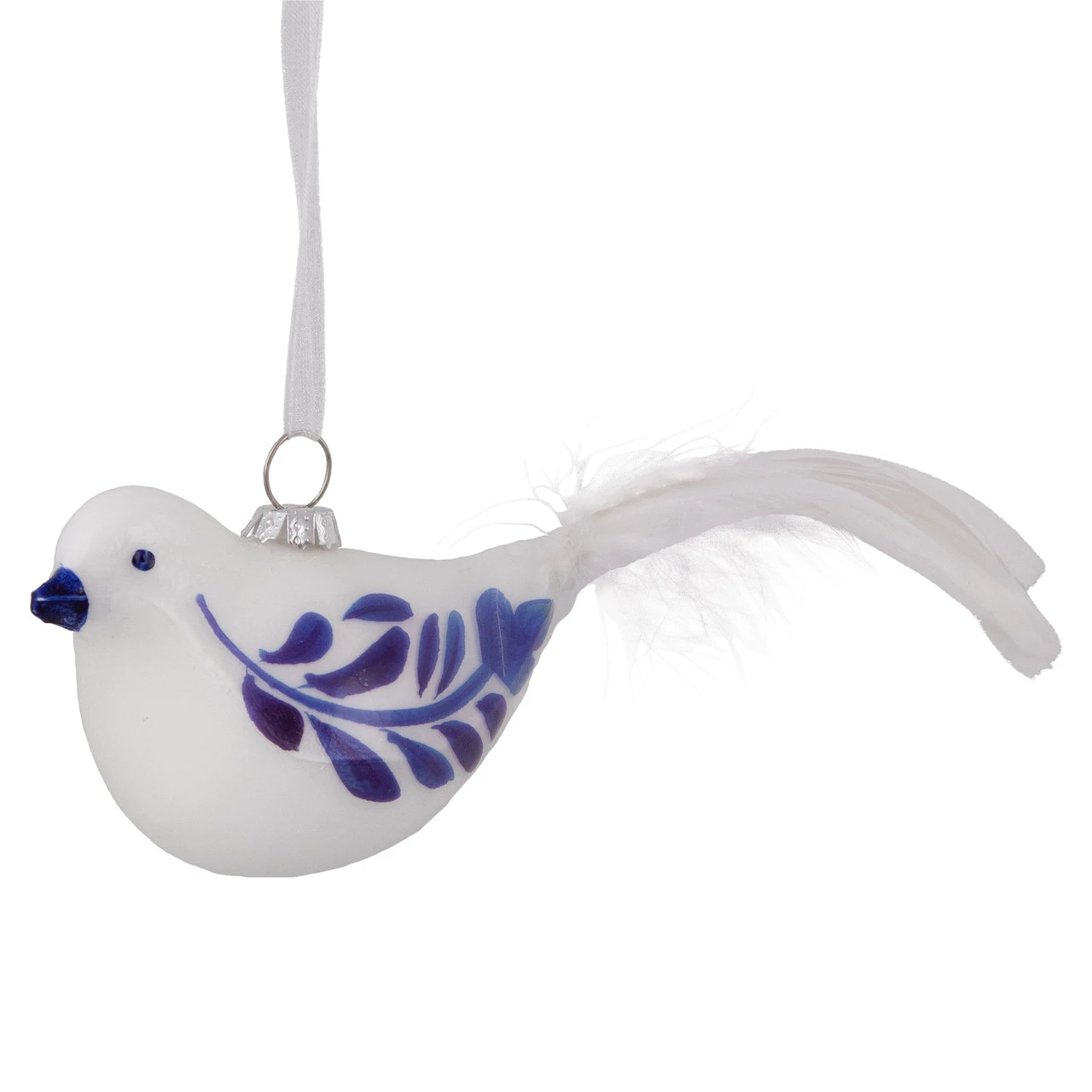 6.5" White And Blue Bird Glass Christmas Ornament