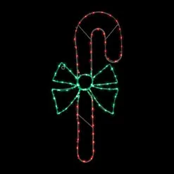 28" Green And White LED Lighted Candy Cane With Bow Christmas Window Silhouette