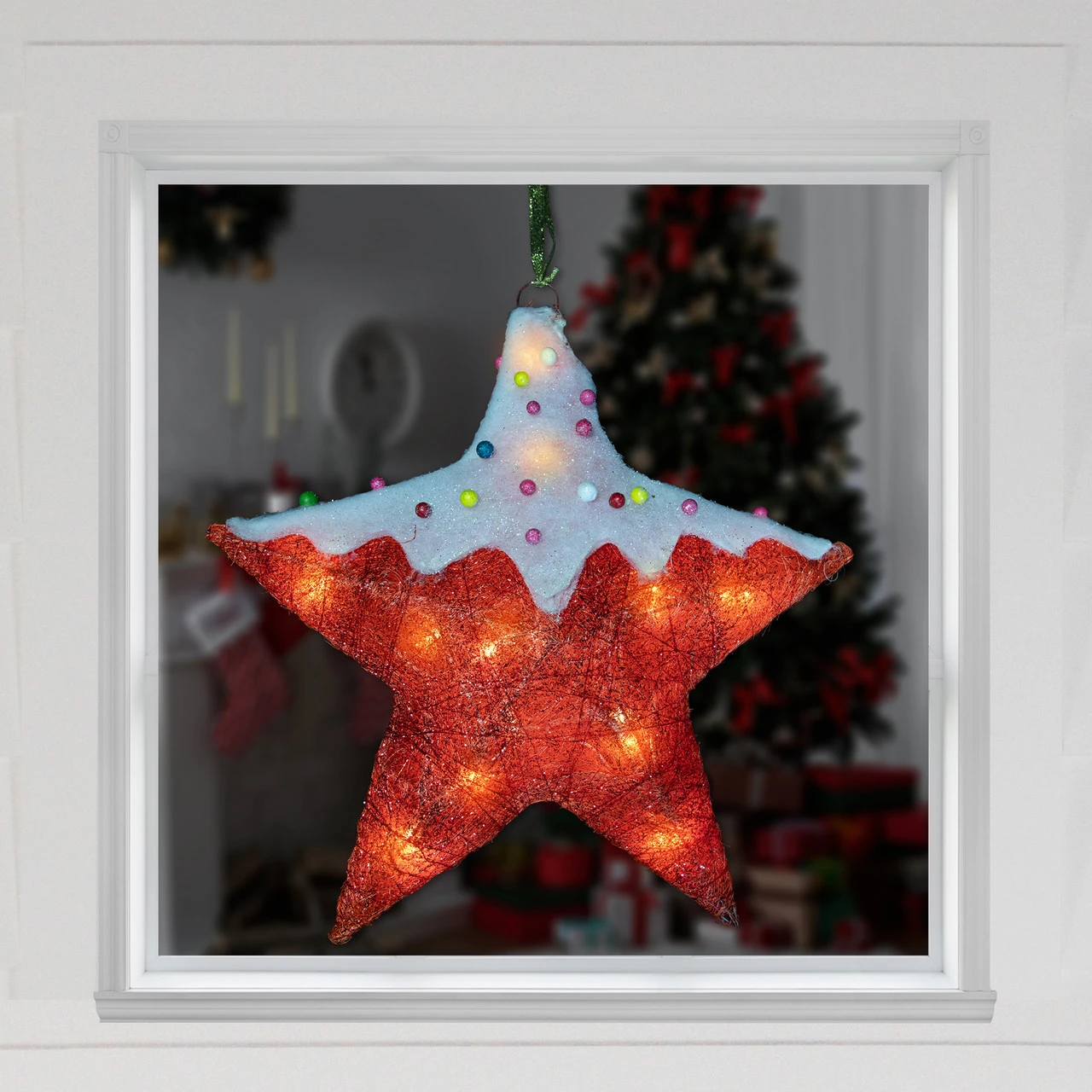 18" Lighted Red And White Candy Covered Sisal Star Christmas Window Decoration - Image 2