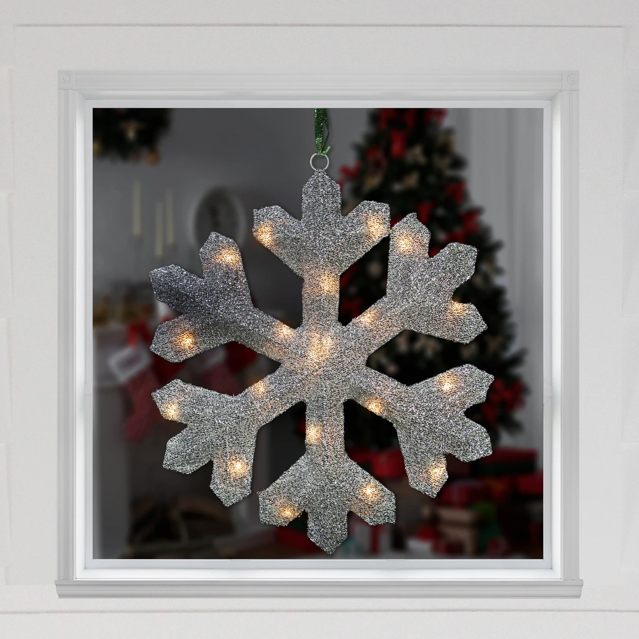 20" Lighted Silver Tinsel Snowflake Christmas Window Decor - Image 2