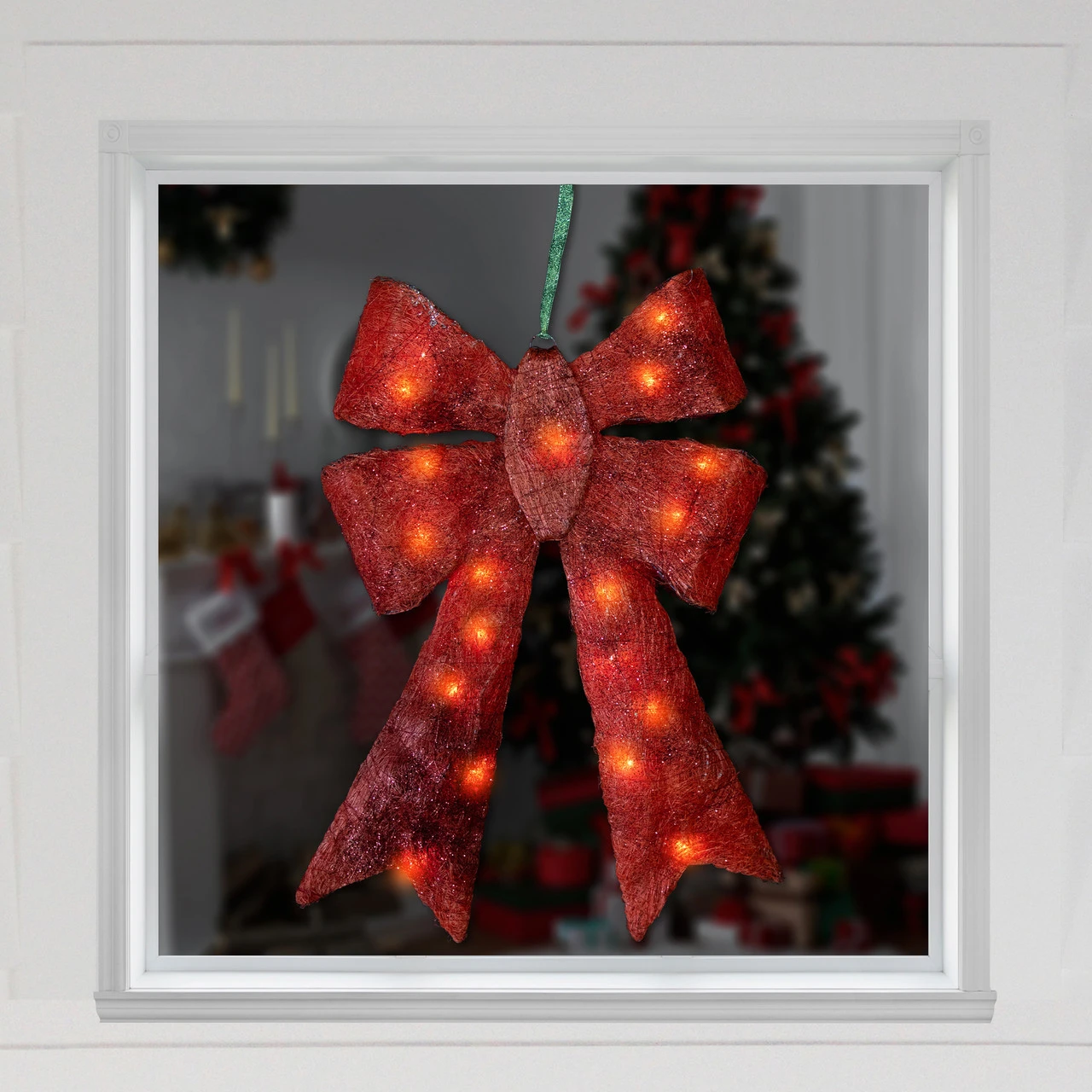 23" Lighted Sparkling Red Sisal Double Bow Outdoor Christmas Decoration - Image 2
