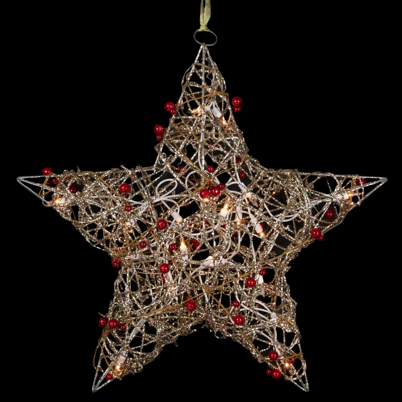18" Lighted Champagne Gold Glittered Rattan Berry Hanging Star Christmas Window Decoration