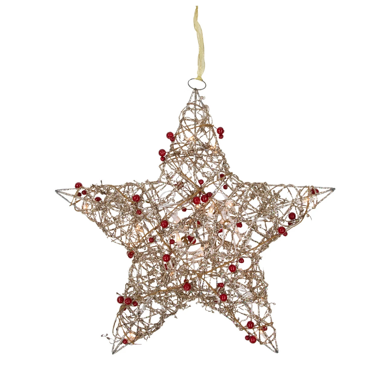 18" Lighted Champagne Gold Glittered Rattan Berry Hanging Star Christmas Window Decoration - Image 2