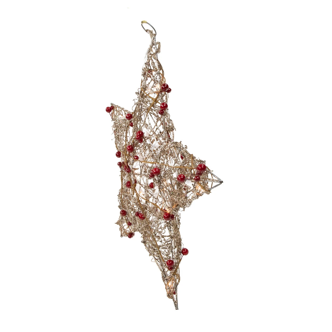 18" Lighted Champagne Gold Glittered Rattan Berry Hanging Star Christmas Window Decoration - Image 3