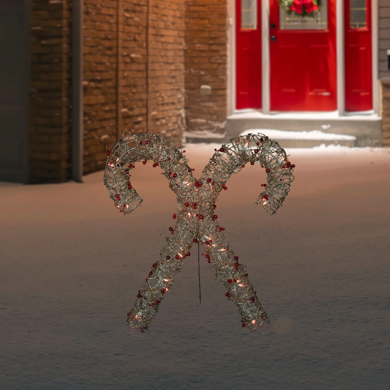 25" Lighted Champagne Gold Glittered Rattan Double Candy Cane Christmas Outdoor Or Window Decoration - Image 2