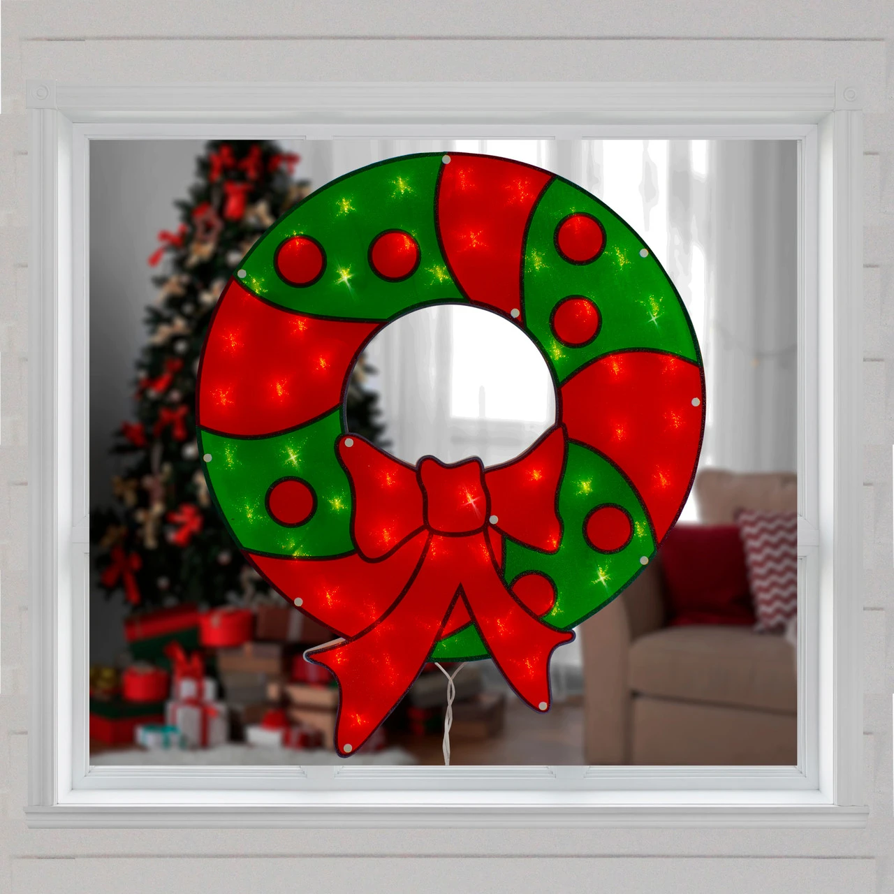 23" Lighted Red And Green Christmas Wreath Window Silhouette - Image 2