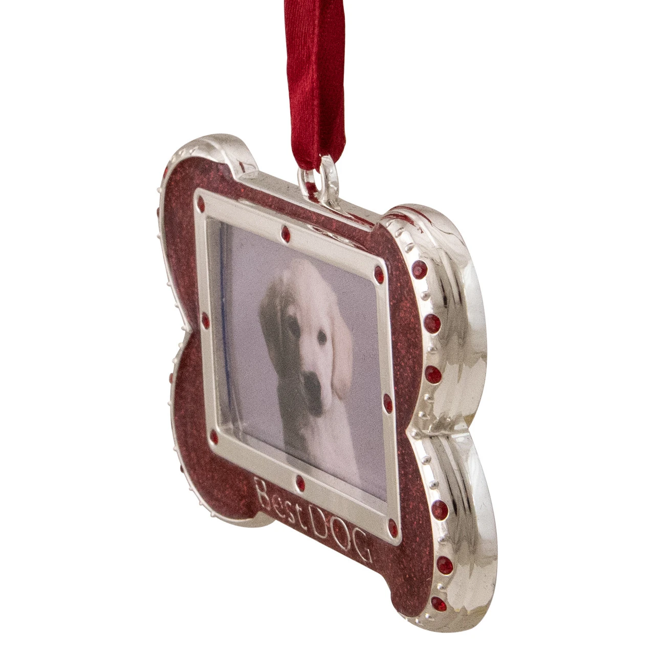 3" Red And Silver-Plated Best Dog Bone Christmas Ornament With European Crystals - Image 3
