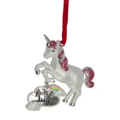 3.25" Silver Plated Dream Big Unicorn With European Crystals Christmas Ornament