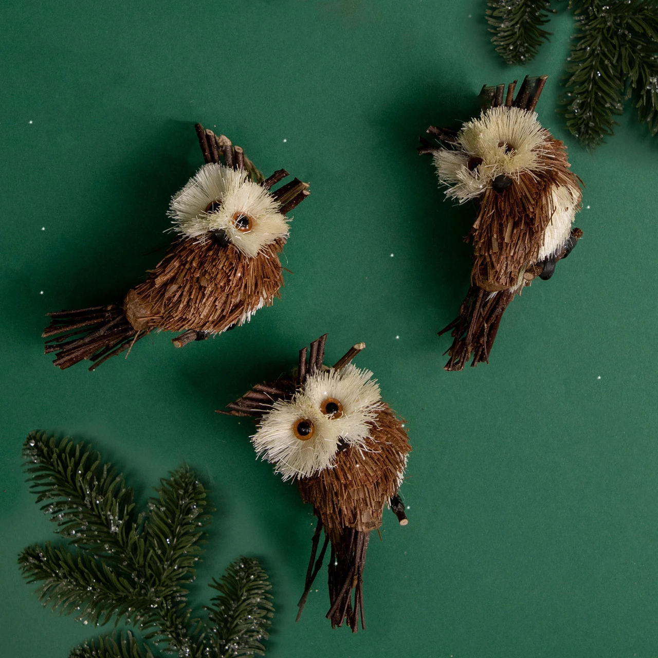 Set 3 Sisal And Twig Owl Christmas Ornaments, 3.5" - Image 2