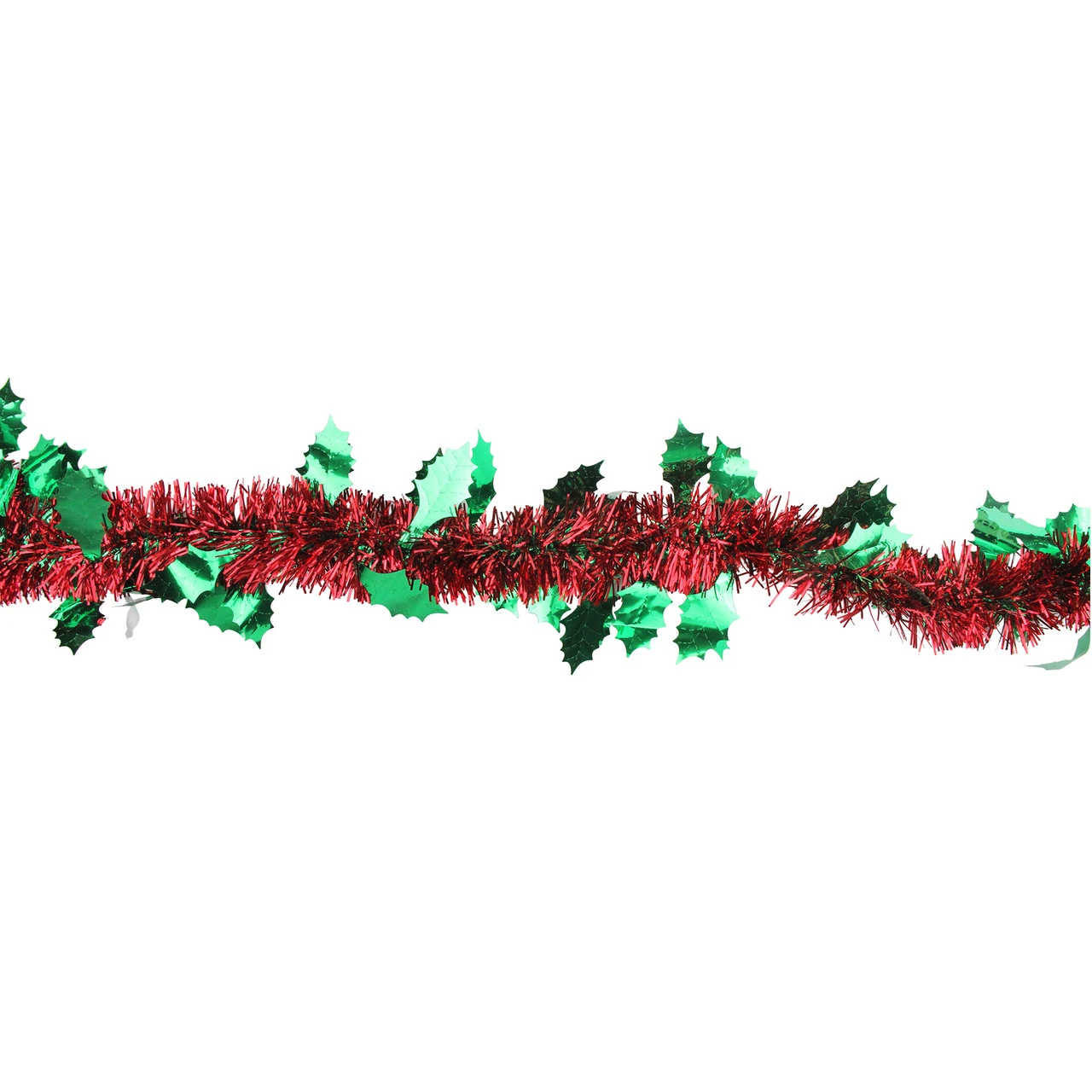 50' Shiny Red Christmas Tinsel Garland With Green Holly - Unlit - Image 2