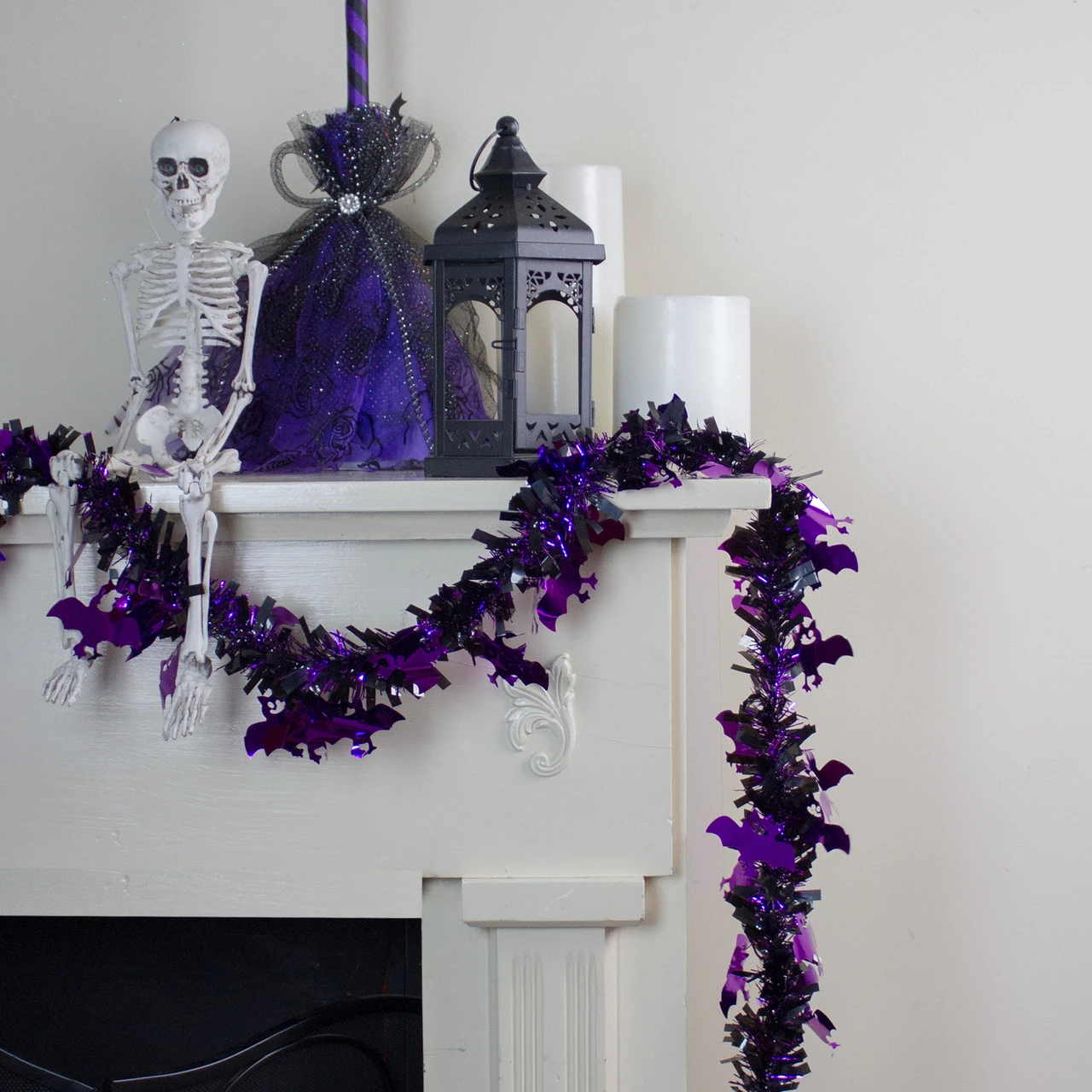 Black With Purple Bats Halloween Tinsel Garland - 50 Feet, Unlit - Image 3
