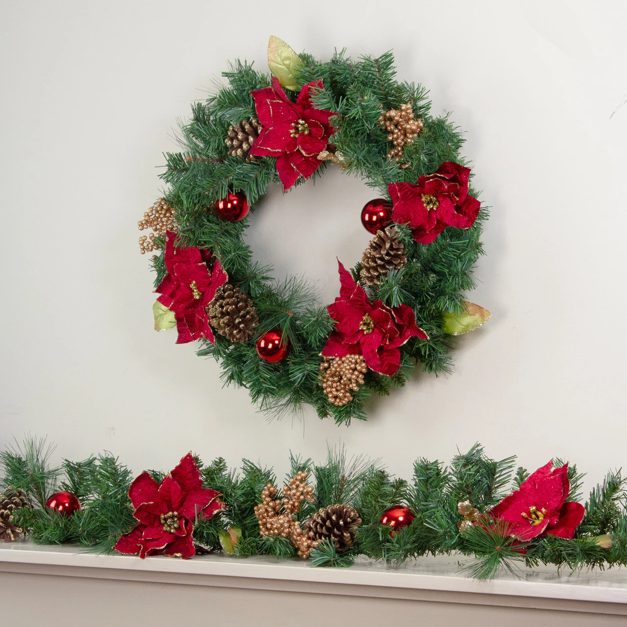 6' X 10" Pine And Poinsettias Artificial Christmas Garland - Unlit - Image 3