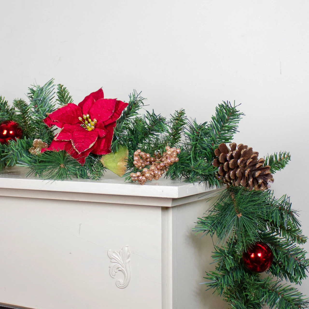 6' X 10" Pine And Poinsettias Artificial Christmas Garland - Unlit - Image 2