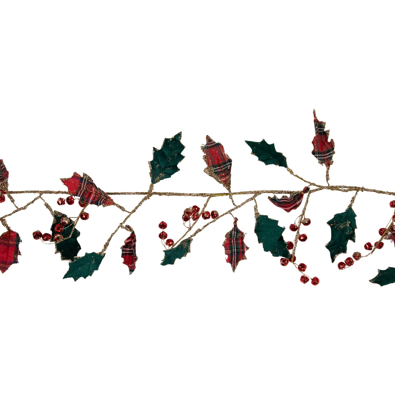 5' Green And Red Plaid Holly With Jingle Bells Christmas Garland - Unlit - Image 2