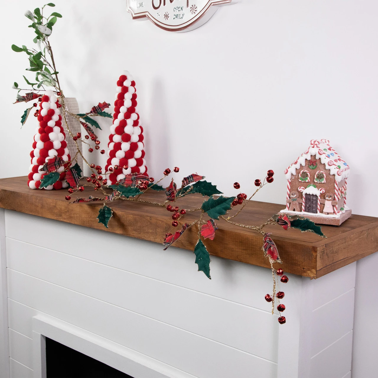 5' Green And Red Plaid Holly With Jingle Bells Christmas Garland - Unlit - Image 3