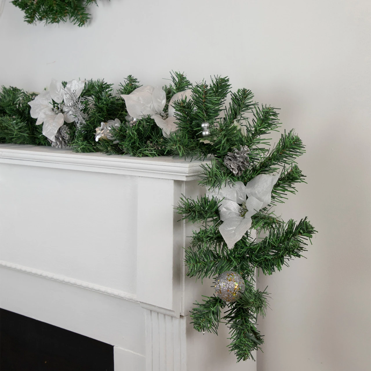 6' X 9" Silver Poinsettia And Pinecone Artificial Christmas Garland, Unlit - Image 2
