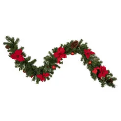 6' X 9" Red Pre-Decorated Poinsettia And Pine Cone Artificial Christmas Garland - Unlit