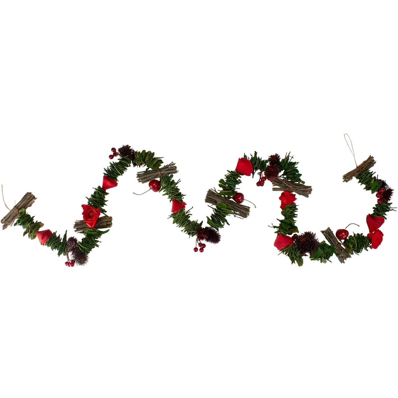 5' X 3.25" Red Wooden Rose, Twig And Apple Artificial Christmas Garland - Unlit