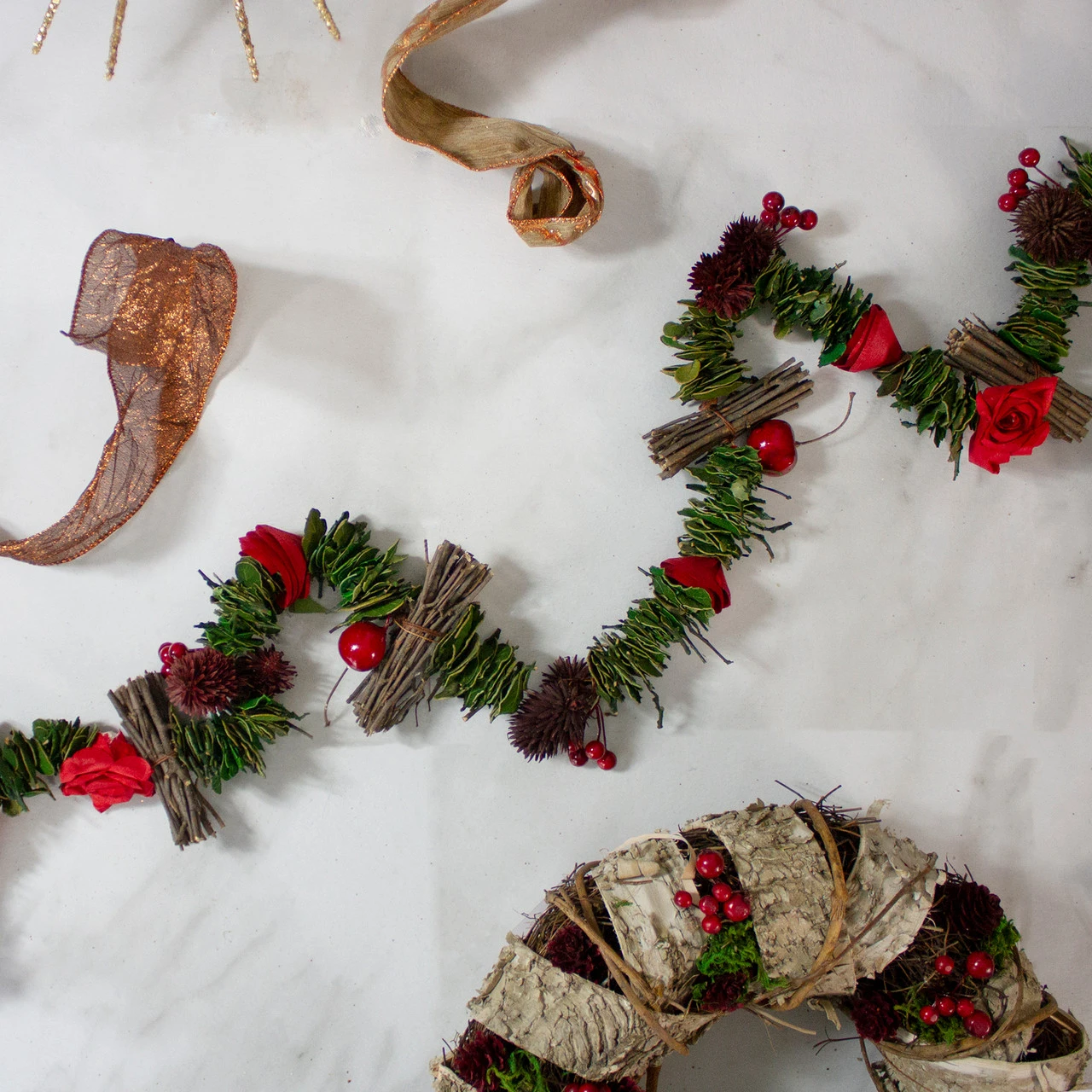 5' X 3.25" Red Wooden Rose, Twig And Apple Artificial Christmas Garland - Unlit - Image 2