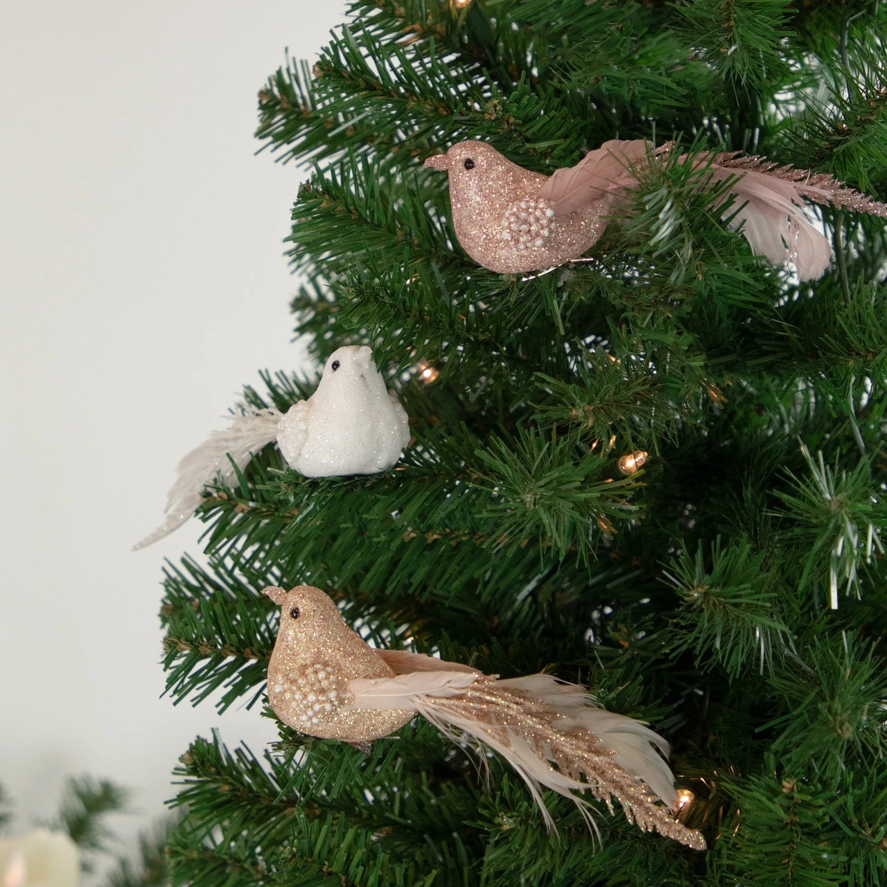 Set Of 3 Glittered Pink, White And Champagne Bird Christmas Ornament With Clip, 6.5" - Image 2
