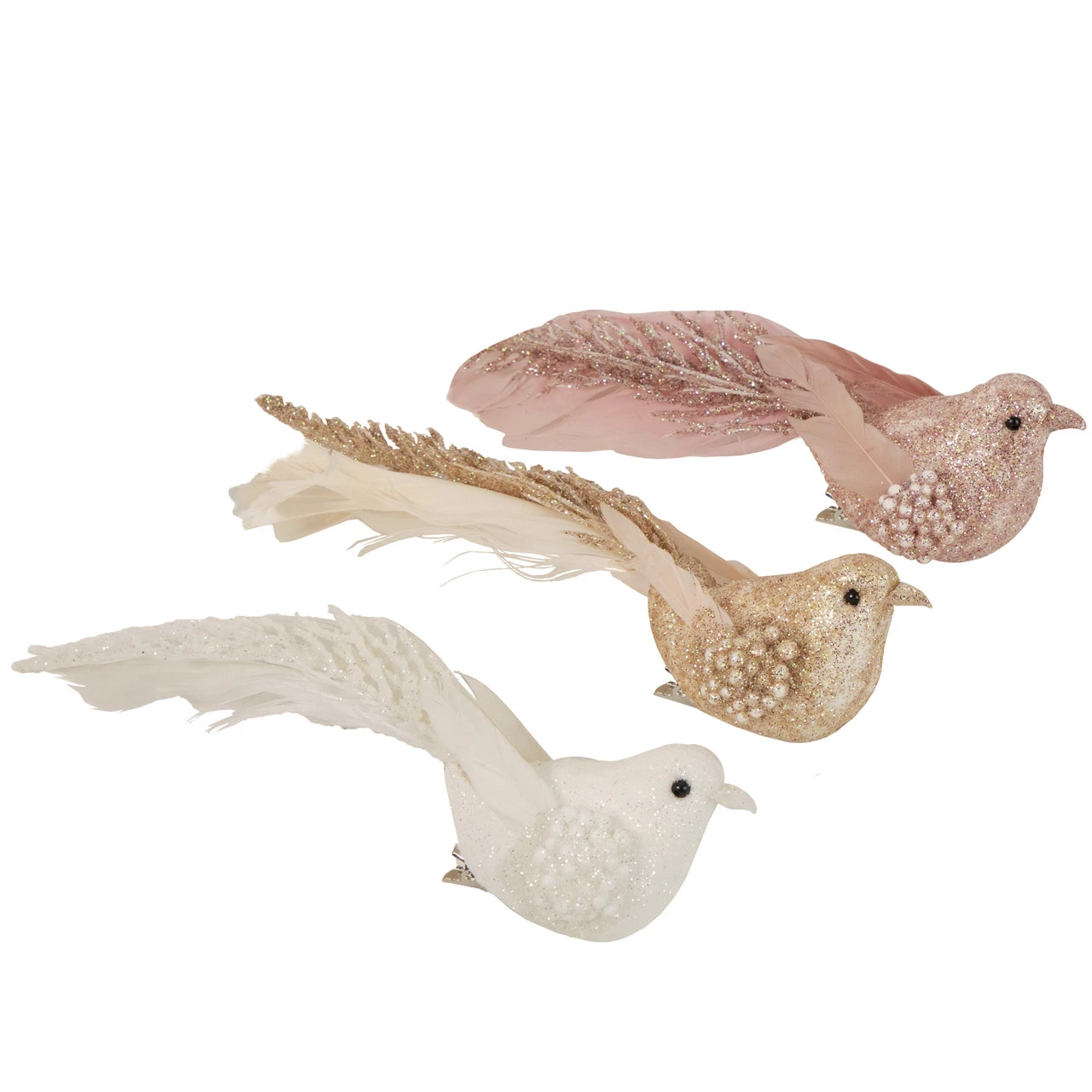 Set Of 3 Glittered Pink, White And Champagne Bird Christmas Ornament With Clip, 6.5" - Image 6