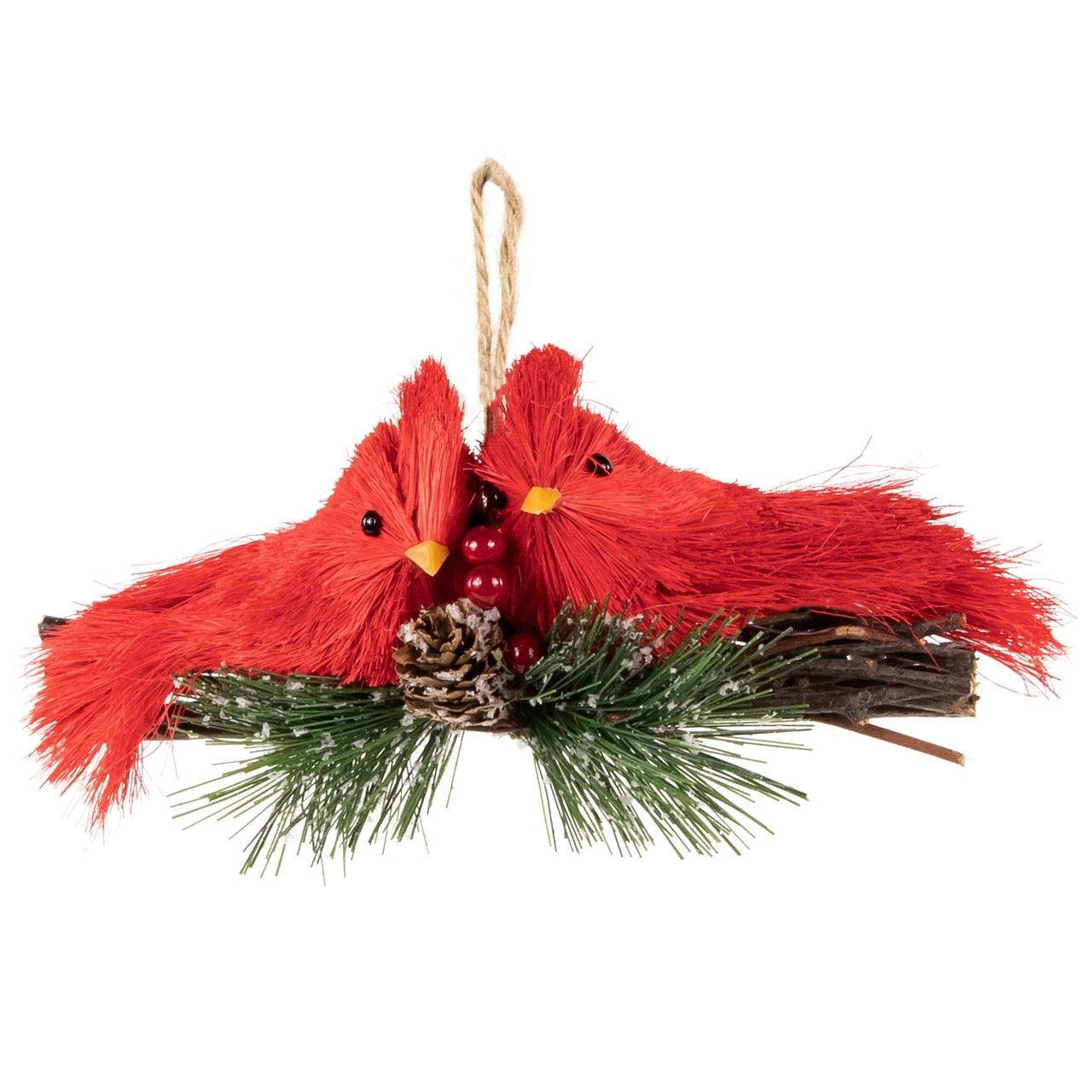 8" Double Cardinal And Pine Needle Branch Hanging Christmas Ornament