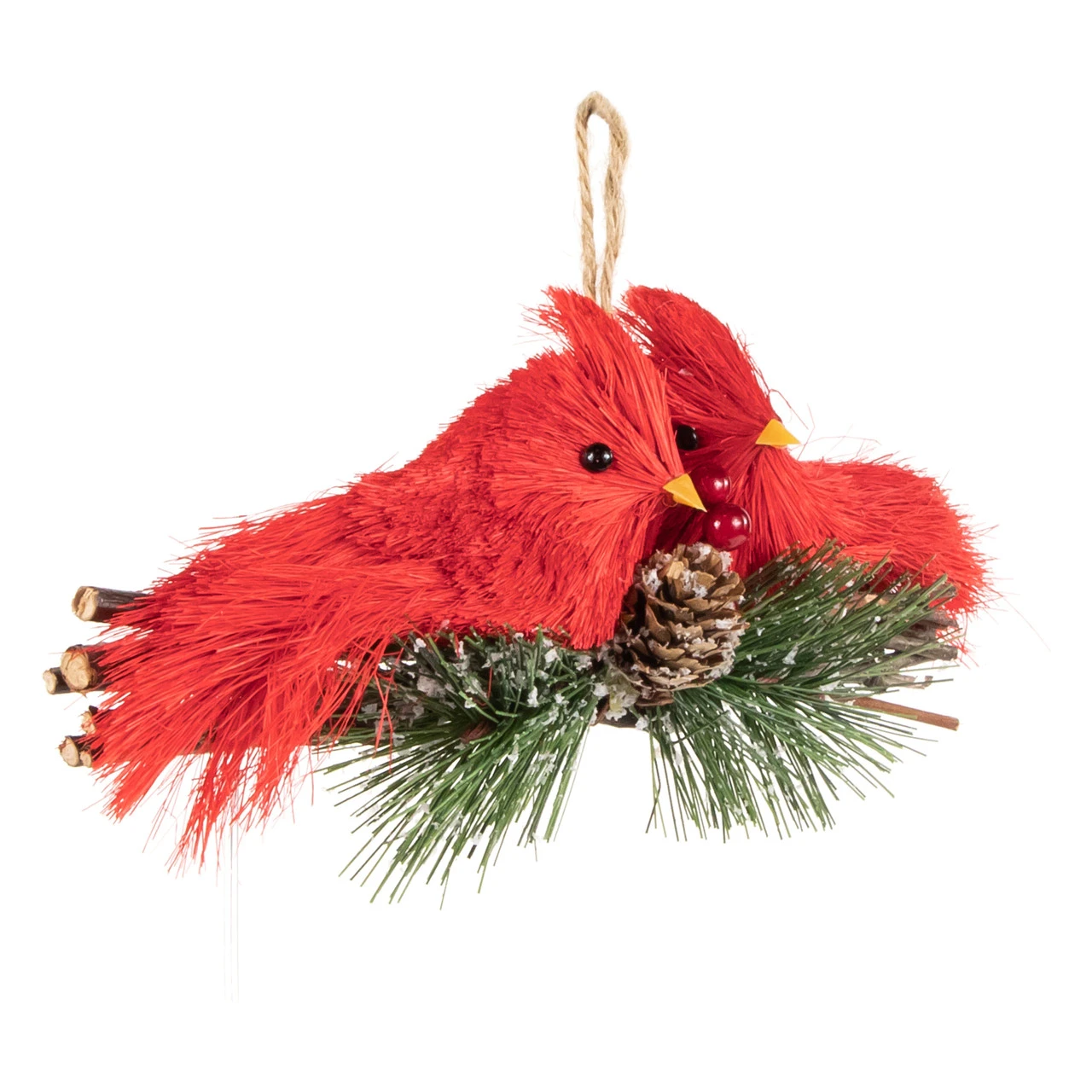 8" Double Cardinal And Pine Needle Branch Hanging Christmas Ornament - Image 2