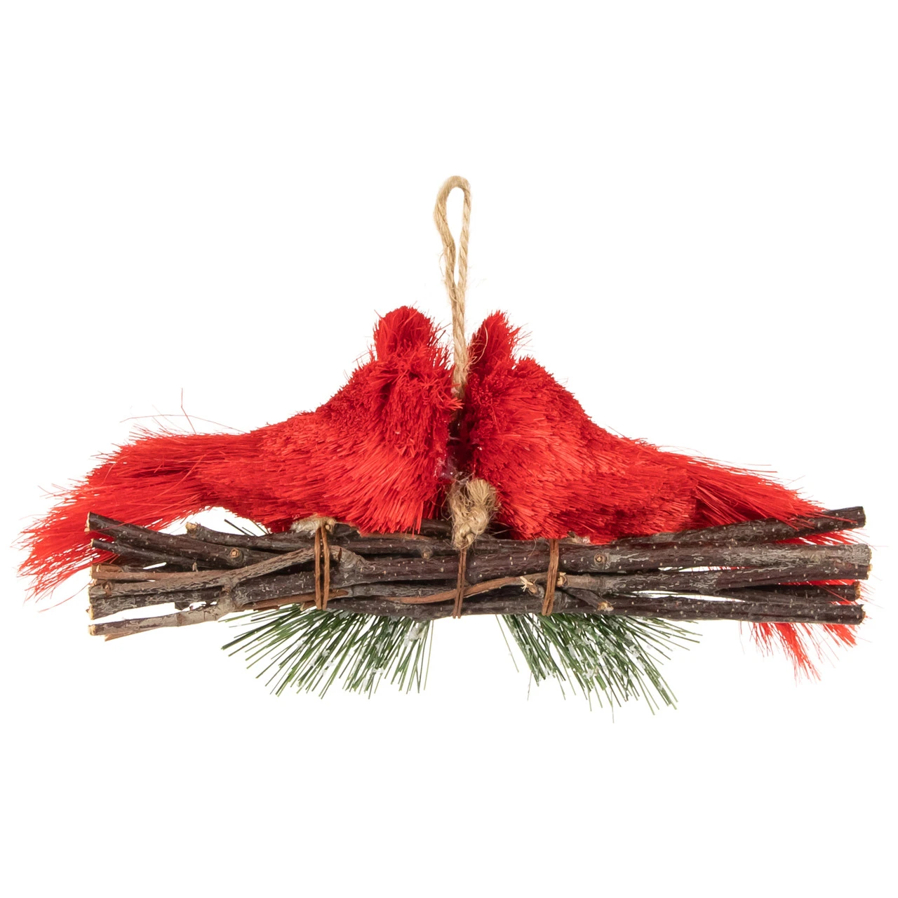 8" Double Cardinal And Pine Needle Branch Hanging Christmas Ornament - Image 4