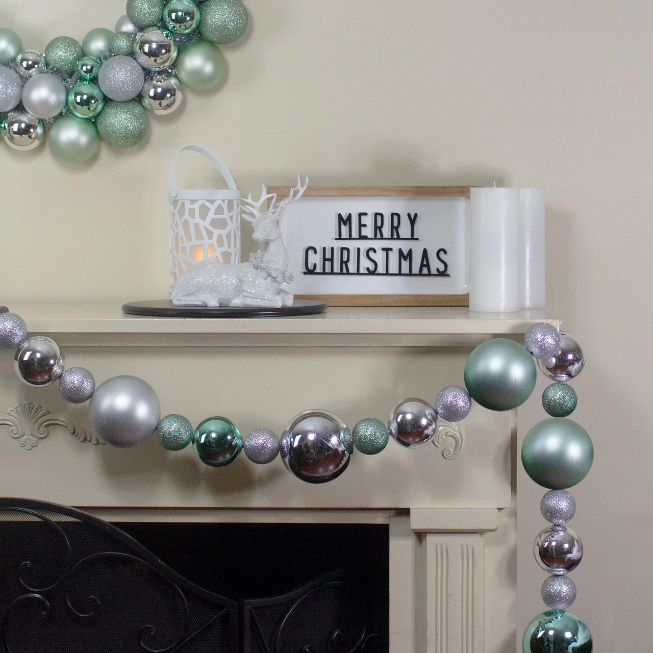 6' Silver And Seafoam Green 3-Finish Shatterproof Ball Christmas Garland - Image 2