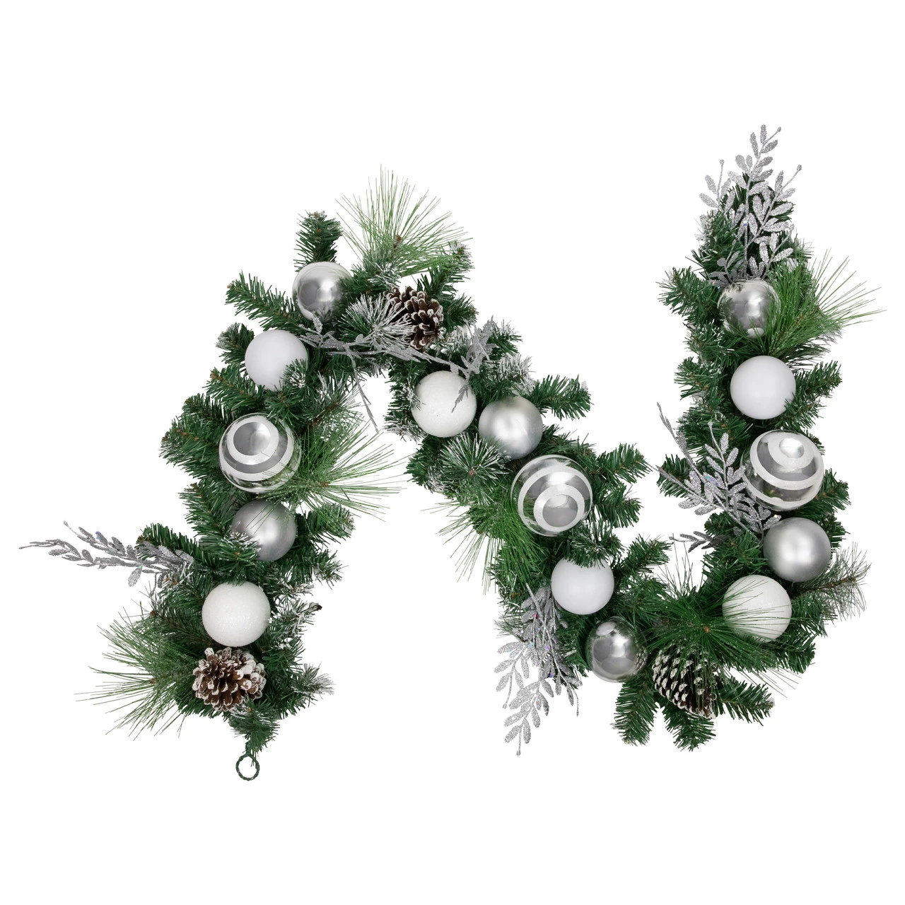 6' Green Pine Needle Garland With Pinecones And Striped Christmas Ornaments, Unlit