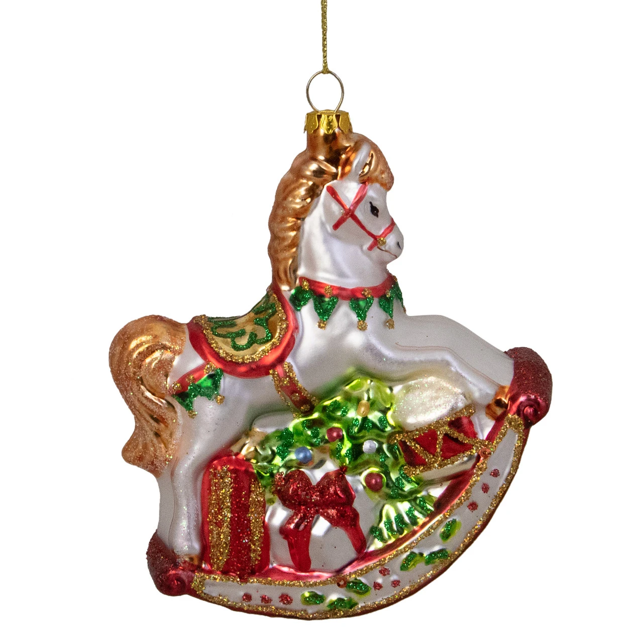 5" White And Red Rocking Horse With Gifts Glass Christmas Ornament - Image 4