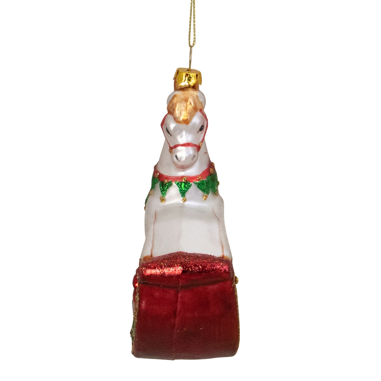 5" White And Red Rocking Horse With Gifts Glass Christmas Ornament - Image 3