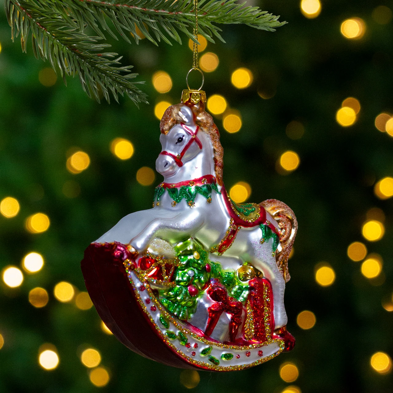 5" White And Red Rocking Horse With Gifts Glass Christmas Ornament - Image 2